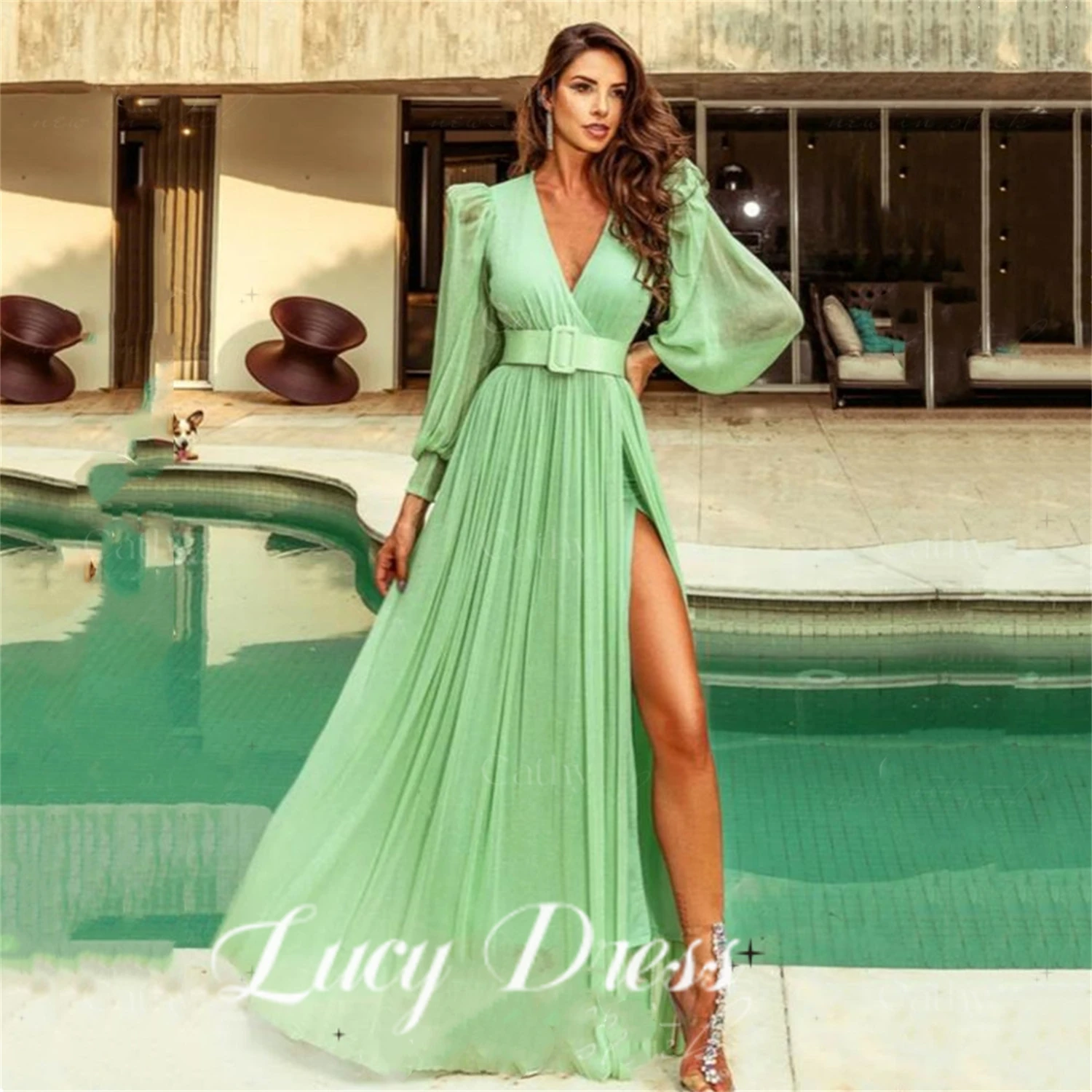 Lucy Dames Lange Mouw Zijsplit Geplooid Lange A-Lijn Bruidsmeisje Jurken Voor Bruiloft Formele Jurk Chiffon Avond Prom Dress