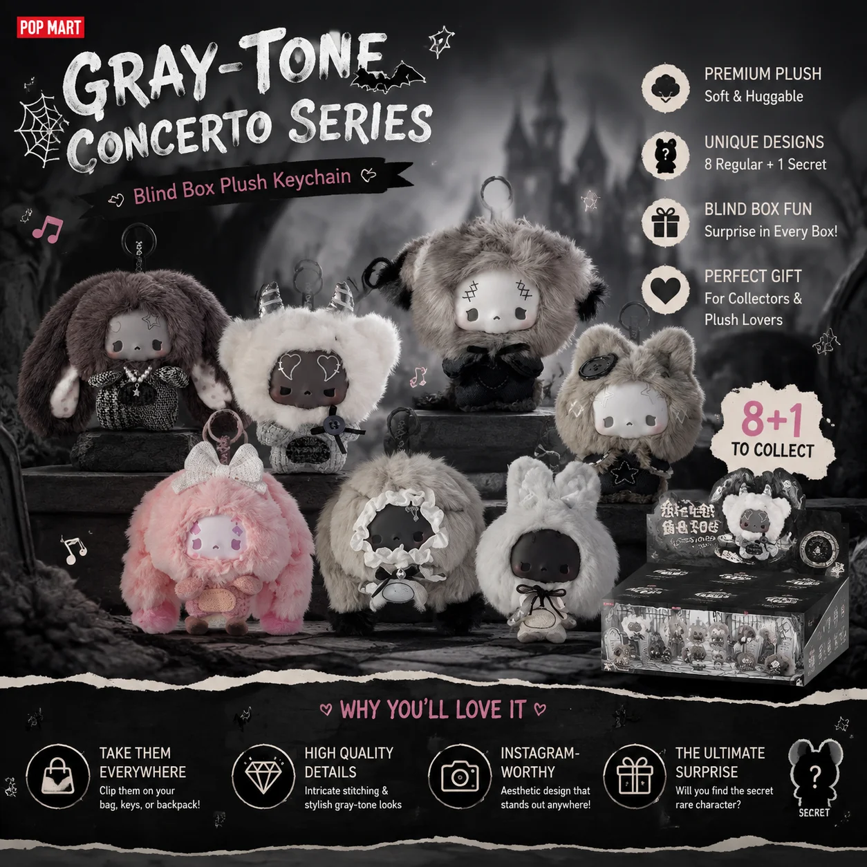Da Piao Liang GUGU Grayscale Concerto Series Boneco de Pelúcia Chaveiro Caixa Surpresa Pingente Enfeite de Mesa Presente para Amantes de Anime