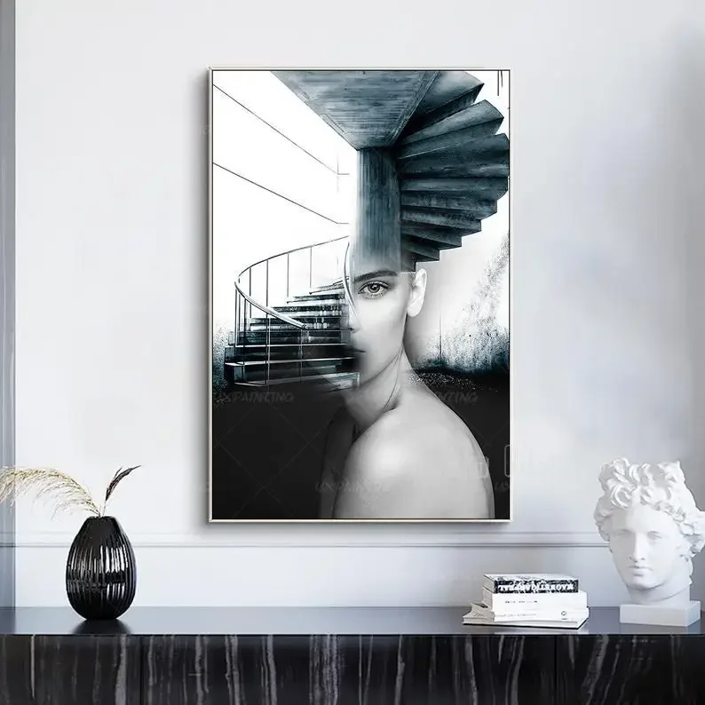 Pintura abstracta de escaleras Potrait de mujer, impresión en lienzo, arte de pared, decoración del hogar