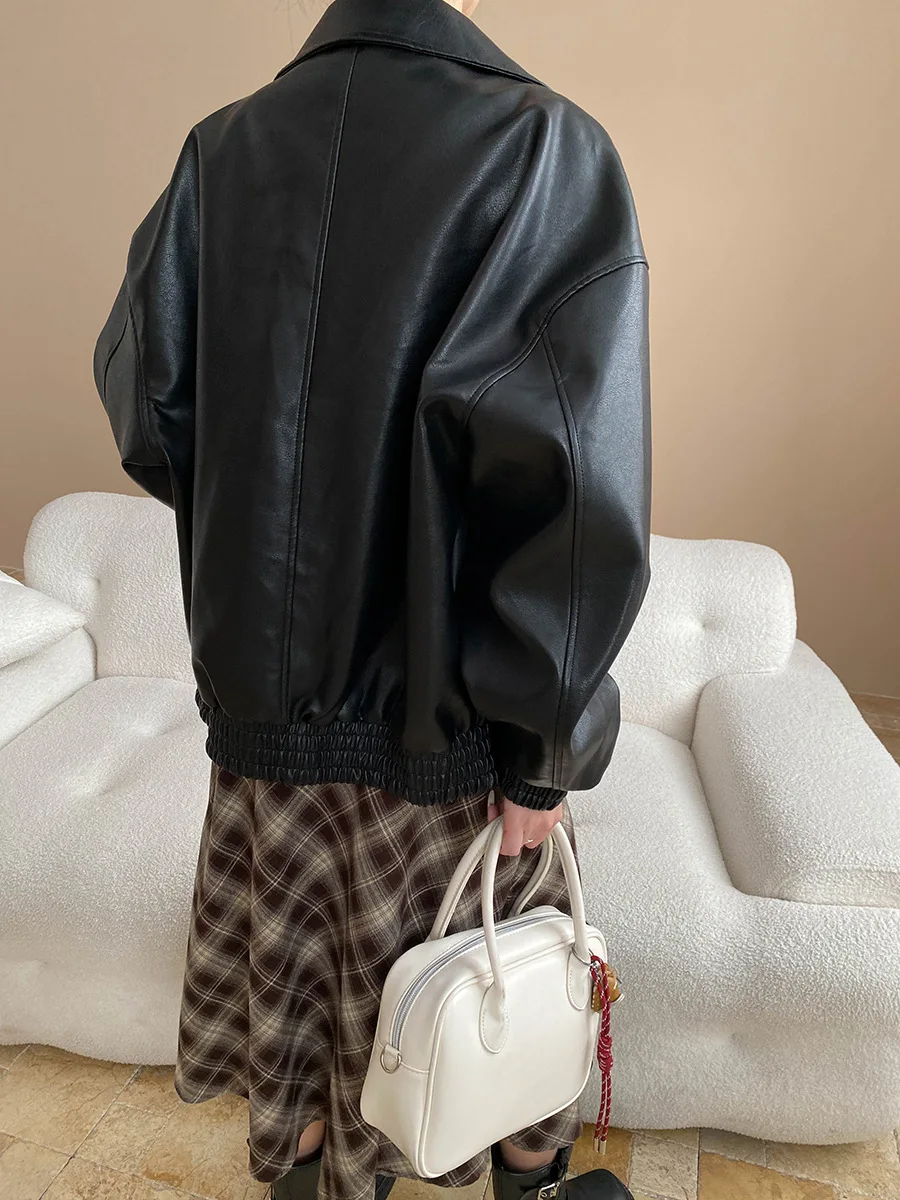 معطف جلد للدراجات النارية من Modern Street American Retro Matte PU بياقة جلدية كونتور