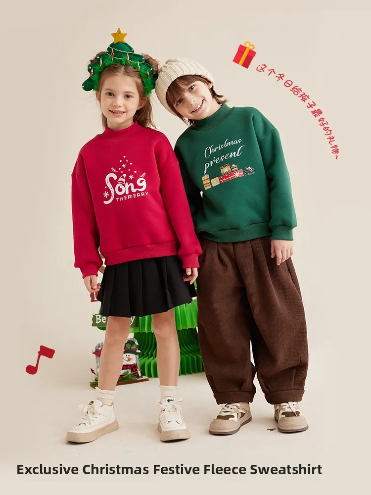 Purrfect Diary Children's Fleece-Lined Long Sleeve Hoodie Red Christmas Theme Unisex Kids' Wearable Comfortable Autumn Winter...
