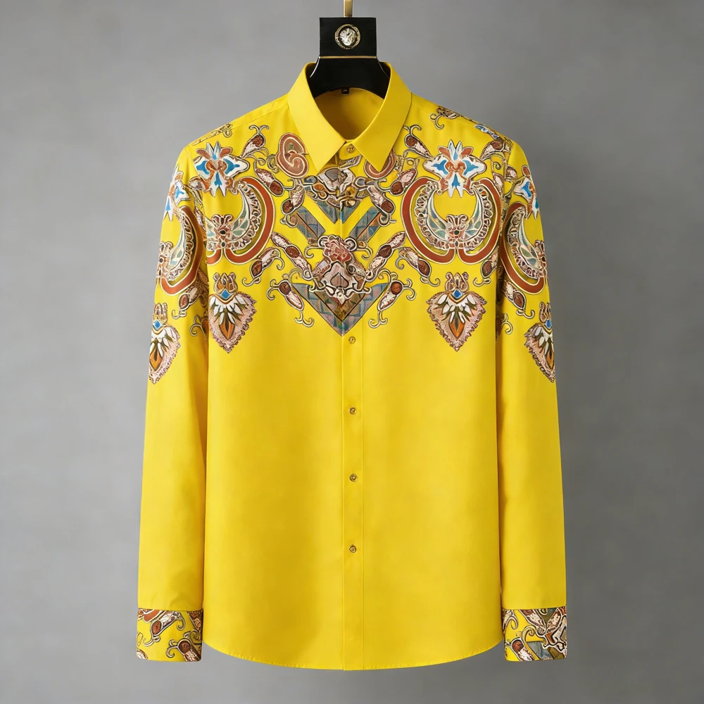 

Мужская новая рубашка с длинным рукавом в стиле лёгкой роскоши, с красочным барочным узором, высококачественная 3D-печать, рубашка для отдыха в гавайском стиле, мужская одежда