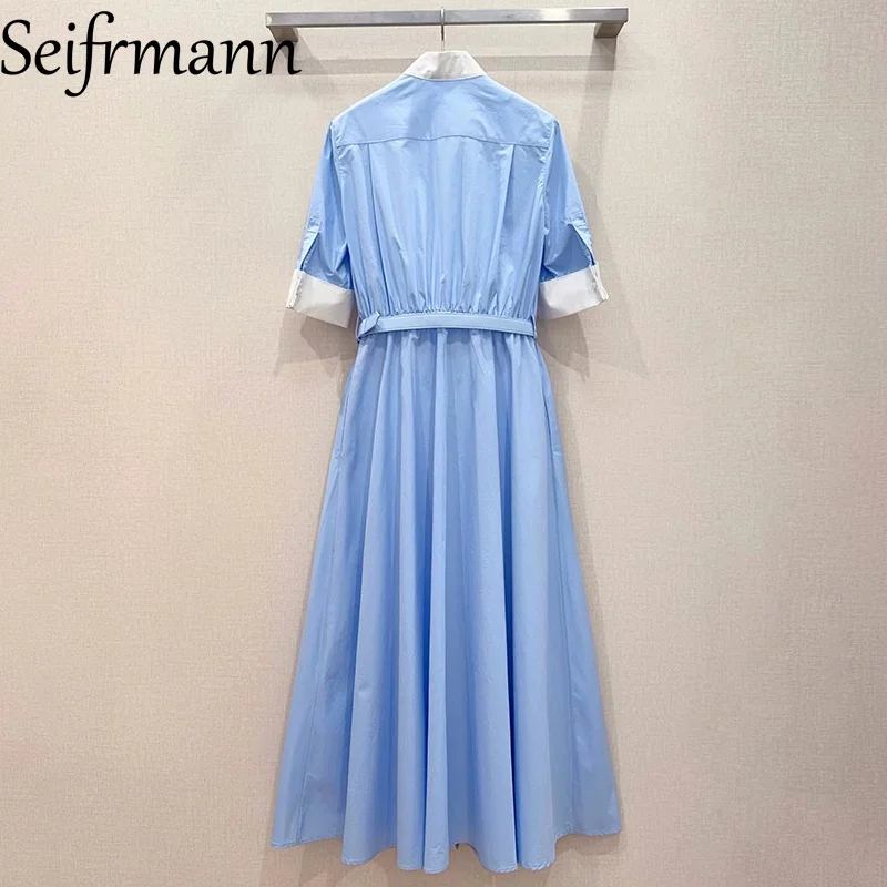 Seifrmann Contrast color fake two piece cotton dress bow collar short sleeve belt waist long dress 2026 summer fashion new style