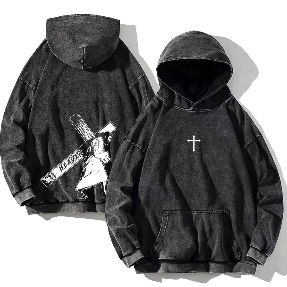 

Men's Vintage Cotton Washed Hoodie The Cross of Jesus Print Hip Hop Hooded Sweatshirt Autumn Harajuku Loose Casual Pullover