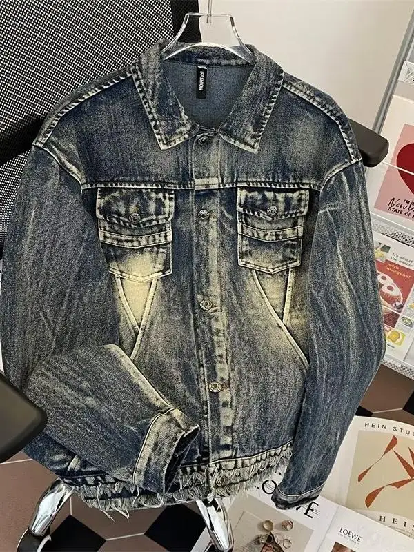 

Винтажная мужская джинсовая куртка свободного кроя Waed: осенне-зимняя модная модель от бренда Hipster с прямым подолом и длинными рукавами для создания молодежного образа