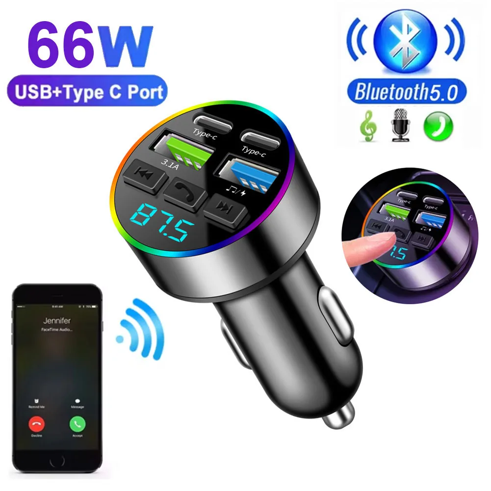 Digital Display Cigarette Lighter Car Charger Dual USB Type C Multifunctional Bluetooth FM Transmitter Receiver MP3 Player