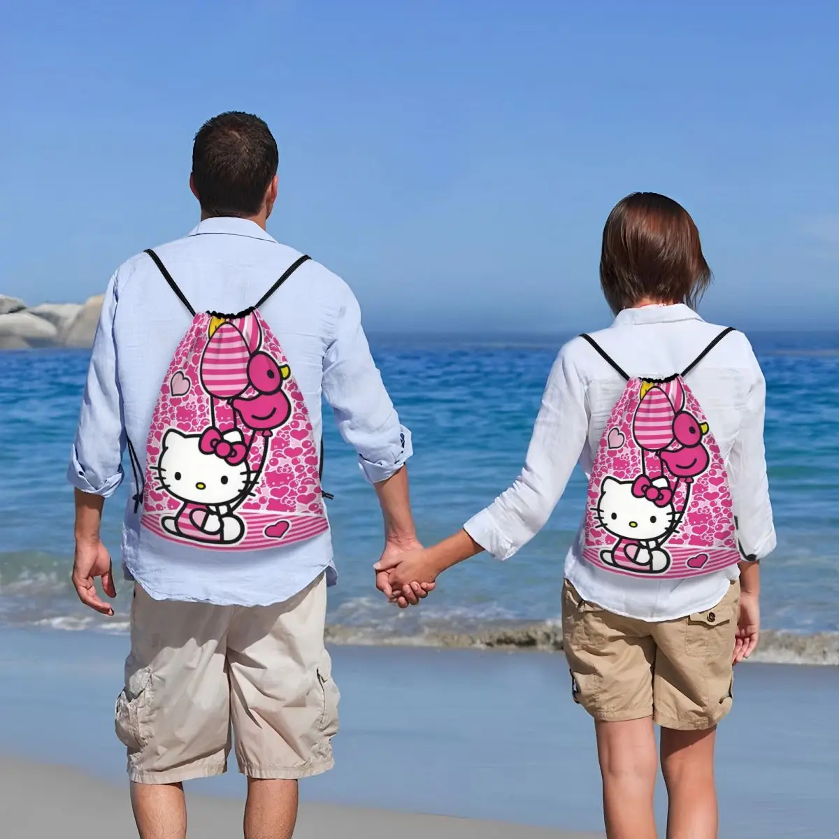 Custom สีชมพู Hello Kitty Cat กระเป๋าสตางค์ผู้ชายผู้หญิงน้ําหนักเบาการ์ตูนแมวกีฬายิมกระเป๋าเป้สะพายหลัง