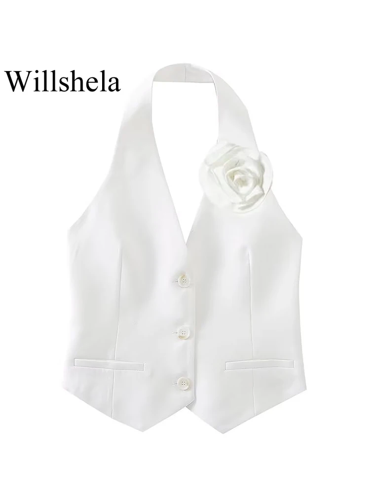 Willshela Women Fashion White Appliques Backless Waistcoats Vintage Halter Neck Sleeveless Jackets Female Chic Lady Tank Tops