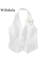 Willshela Women Fashion White Appliques Backless Waistcoats Vintage Halter Neck Sleeveless Jackets Female Chic Lady Tank Tops