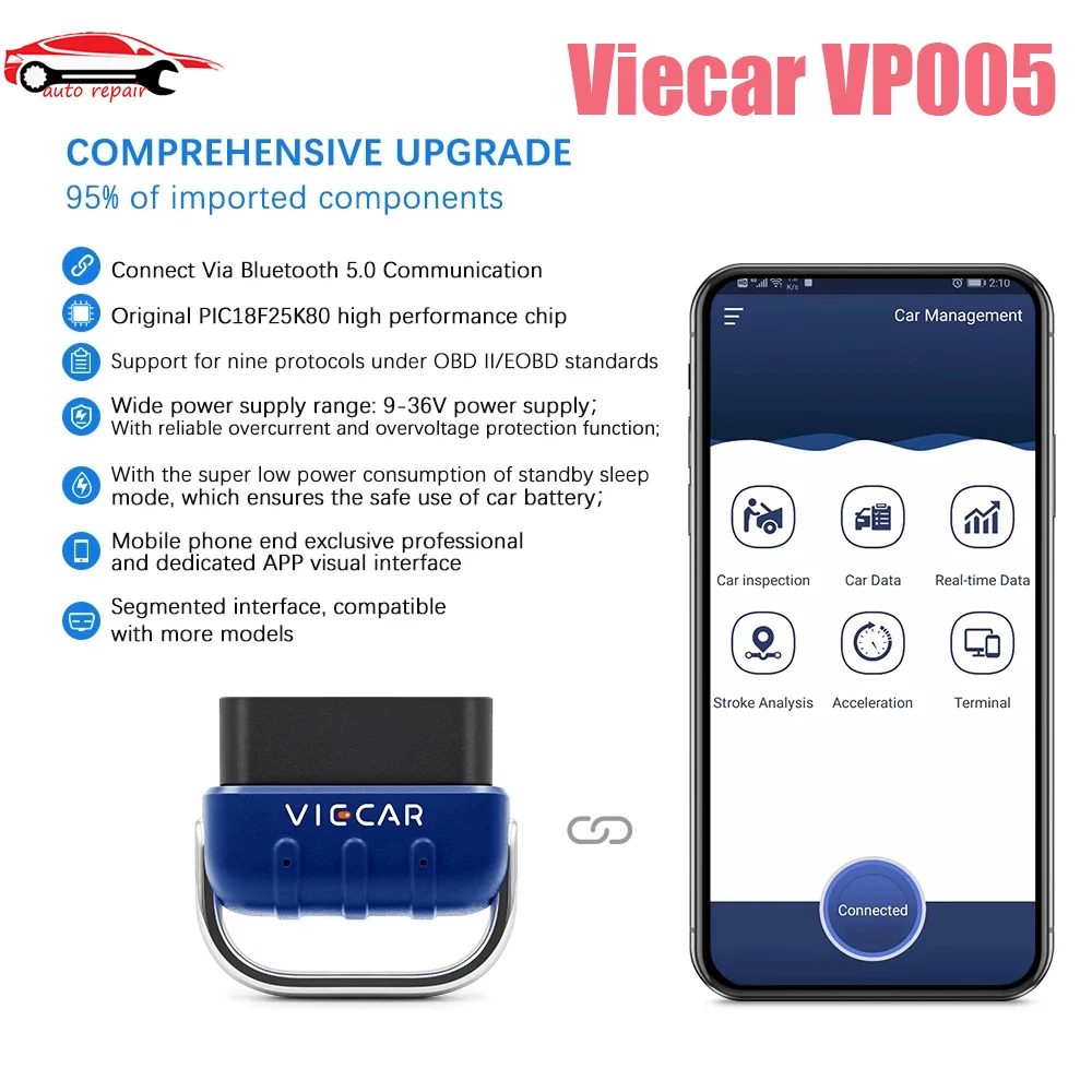 Viecar VP005 VP006 VP002 VP003 For Android/IOS Bluetooth 5.0 with PIC18F25K80 OBD2 Scanner OBD ELM 327 Auto Car Diagnostic Tool