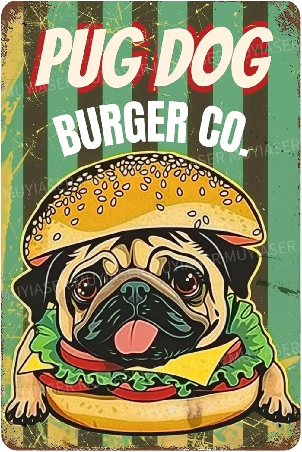 Metallschilder Pug Dog Burger Co Vintage-Schilder Retro Aluminium-Blechschild für Toilette, Waschraum, Garten, Zuhause, Bar, Café-Dekoration