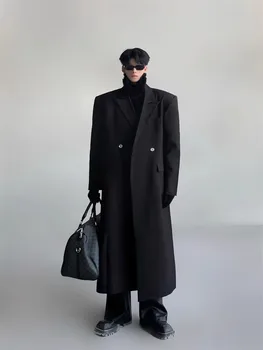 Mauroicardi Spring Autumn Extra Long Black Flowy Trench Coat Men Shoulder Pads Double Breasted Loose Casual Korean Fashion 2025