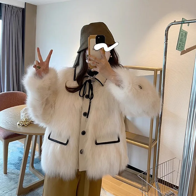 معطف فرو صناعي للنساء سترة من الفرو بأربطة وياقة مقلوبة وأكمام طويلة واحدة الصدر فضفاضة غير رسمية للمكتب للسيدات لخريف وشتاء 2025