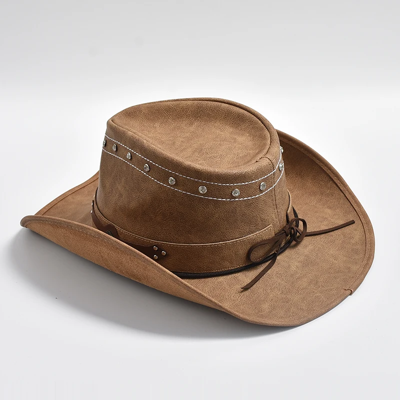 Cappello Da Cowboy In Finta Pelle Scamosciata Marrone, Tesa Larga 7,6 Cm, Regolabile, Unisex, Con Fascia Turchese