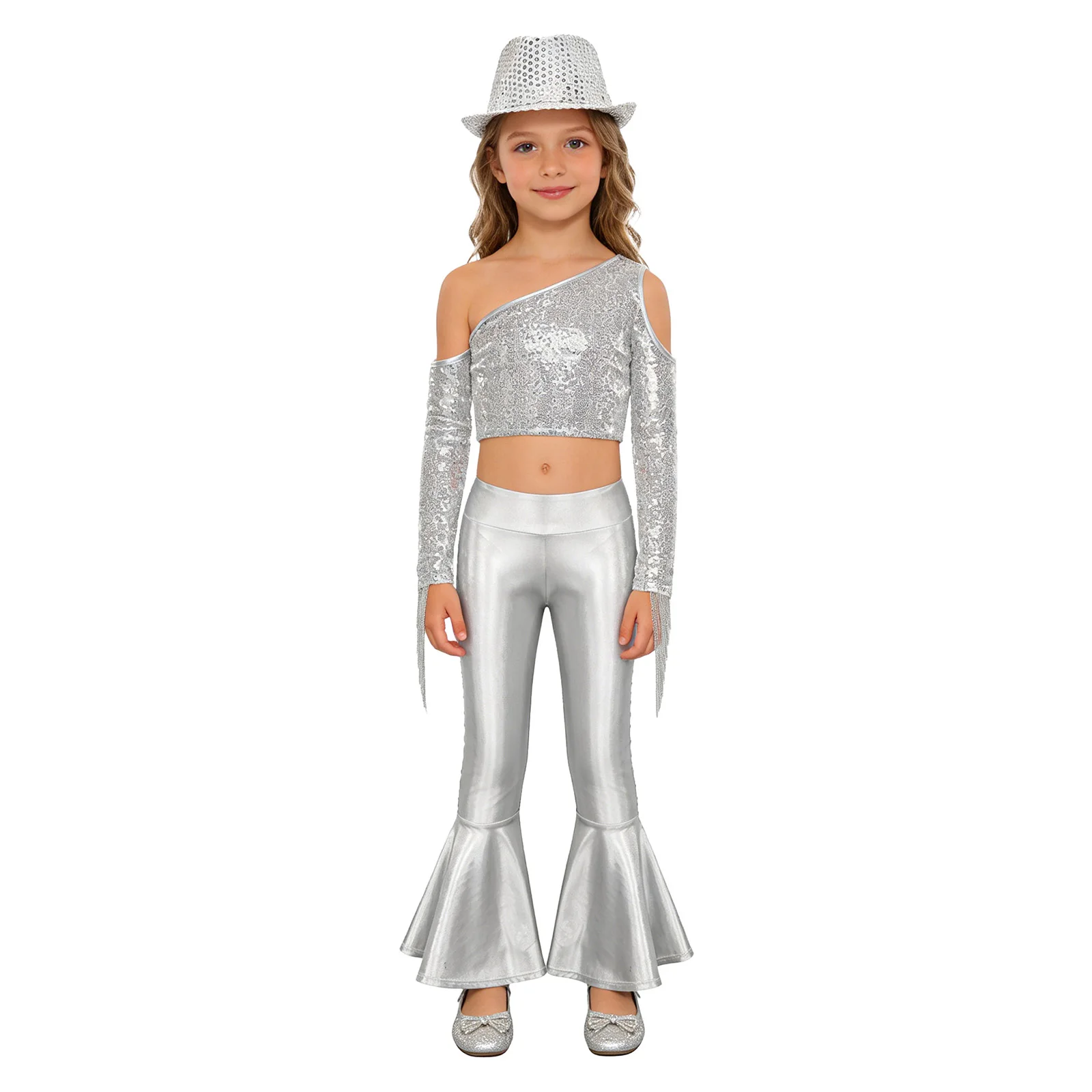 

Kids Girls Jazz Tango Disco Dance Performance Costume Long Sleeve Sequin Tassels Crop Top with Elastic Waistband Pants And Hat