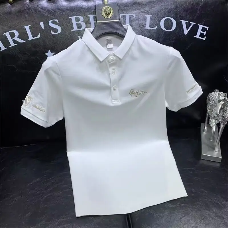 

Мужская футболка с воротником, топы с вышивкой, рубашки поло с алфавитом, Облегающая белая мужская футболка, быстросохнущая, популярная недорогая одежда Kpop