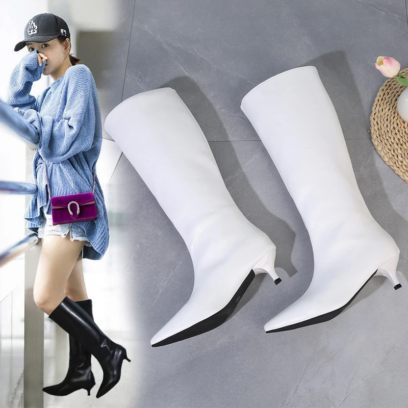 

Новинка 202, осенне-зимние уютные женские сапоги до колена с острым носком, ковбойская женская обувь без шнуровки на низком тонком каблуке, женские ботинки