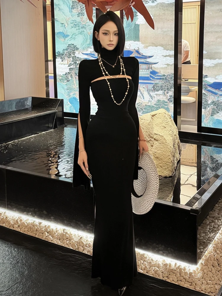 

Outfit Studio Spicy Girl Sle Long Sve Knitted Wrap Dr Women's Faion Autumn New High Collar Mid-Length Single Button