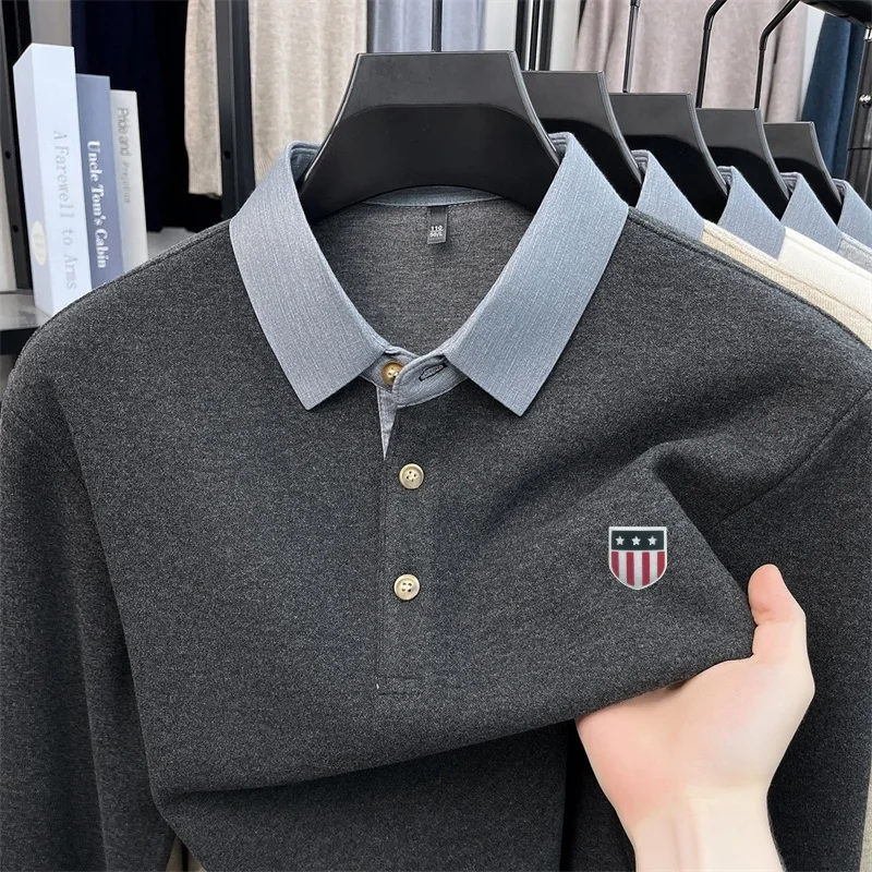Designer Advanced Lapel Polo Shirt New Spring Autumn Solid Color Keep Warm Long Sleeve T-shirt Fashion Versatile Men's Clothing