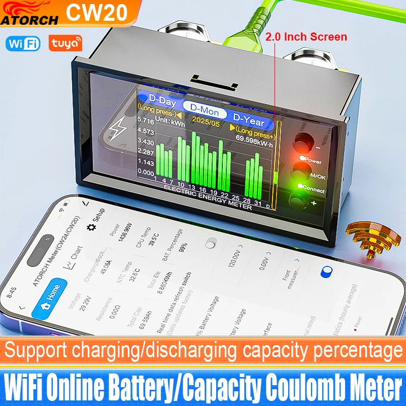 

CW20 DC0-420V WiFi Tuya Smart Digital Lithium Battery Capacity Detection Tester DC Display Voltage Current Power Coulomb Meter