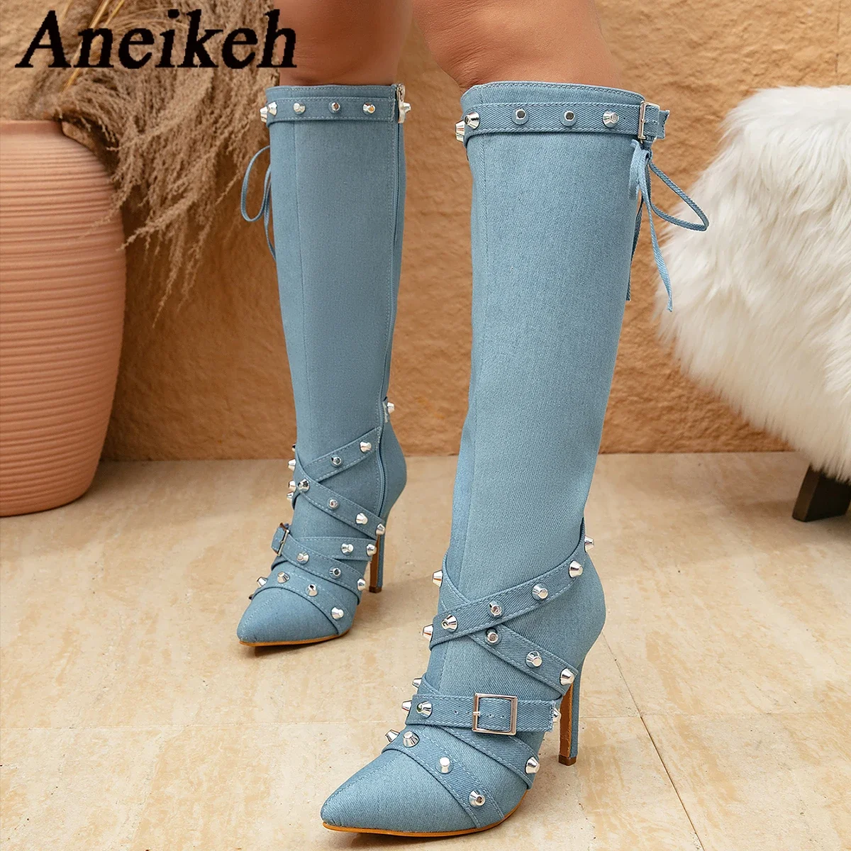 Aneikeh Fashion Studded Belt Knee High Boots Women Pointy Toe  Blue Denim High Heels Boots Zip Sexy Luxury Designer Shoes