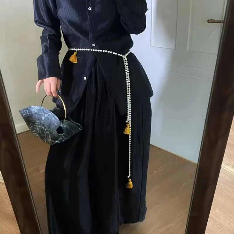 حزام نسائي أنيق على الطراز الصيني مع شرابات لؤلؤية، وسلسلة خصر هانفو ذات ملمس جميل وملمس راقي