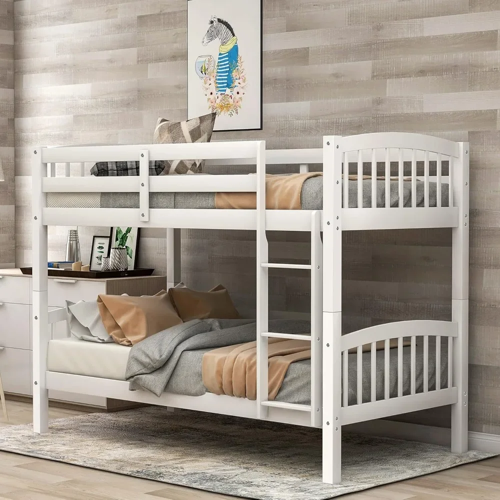 Twin Over Twin Bunk Bed with Ladder, Wood Bunk Bed Frame with Wooden Slat Support, No Box Spring Needed (White)