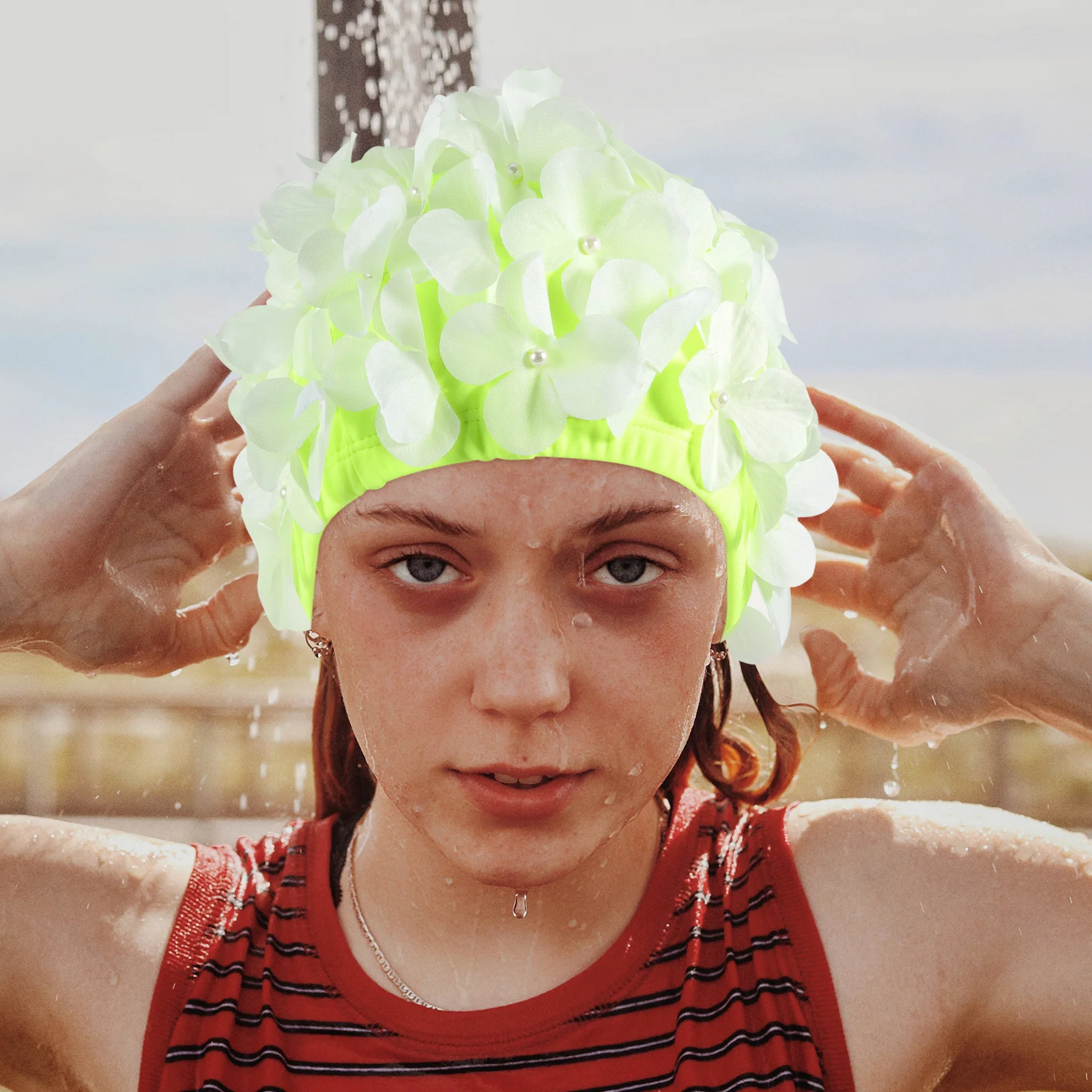 Damen-Badekappe mit Blumenmuster, langlebig, praktisch, für langes und kurzes Haar, zum Schutz, Badekappe, Schwimmkappe für Damen