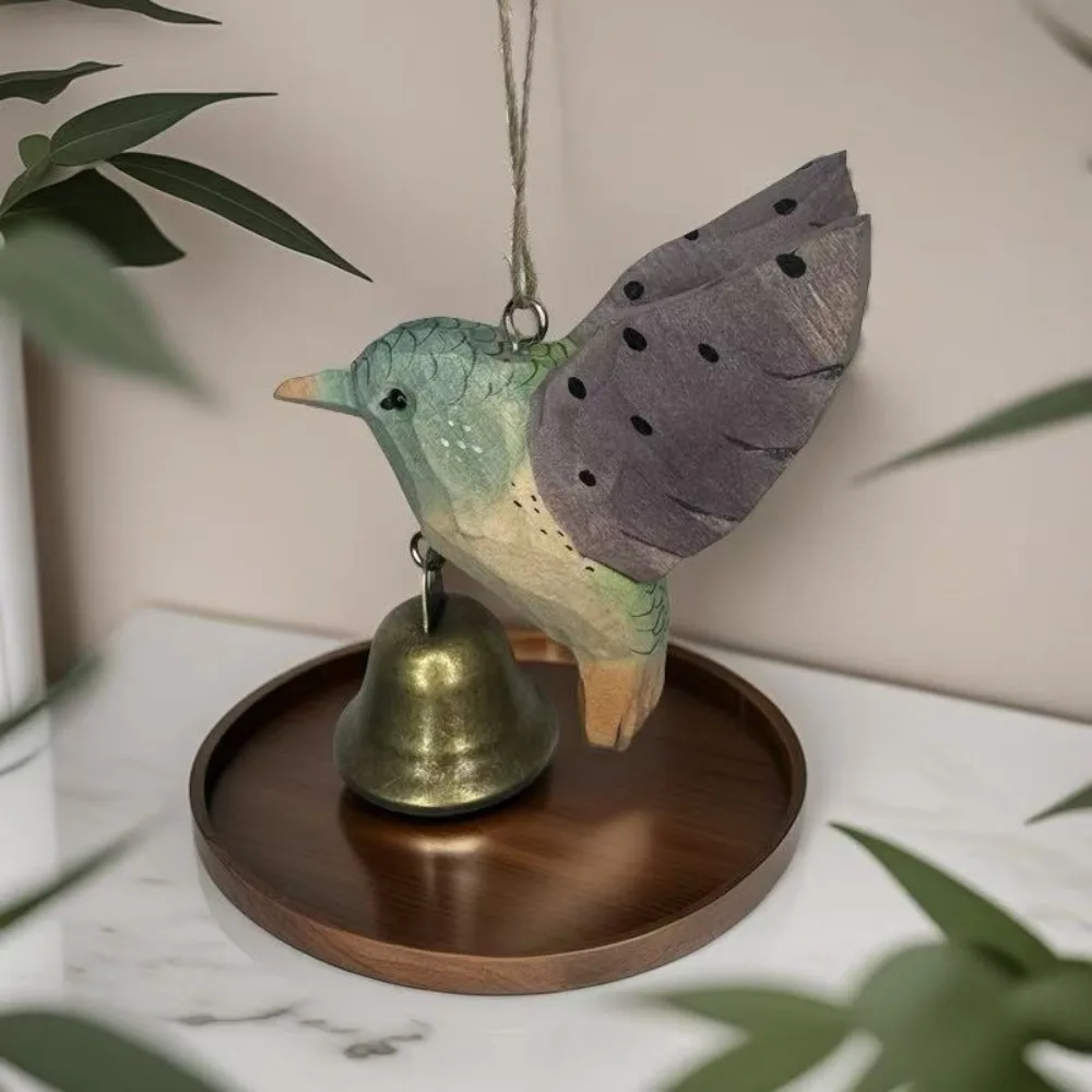 Hand-Carved Hummingbird Figurine Wooden with Bell Wind Chime Pendant with Soothing Sound Wood Grain Flying Bird Sculpture