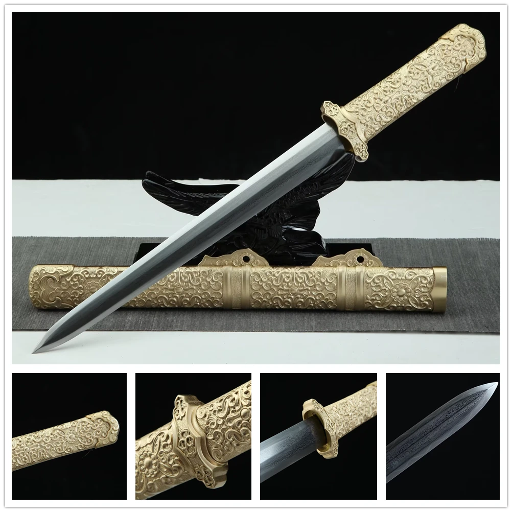 High Quality Sword Chinese WUSHU Jian Clay Tempered Damascus Steel Blade Brass Sheath Copper Fitting Accessories Parts Full Tang