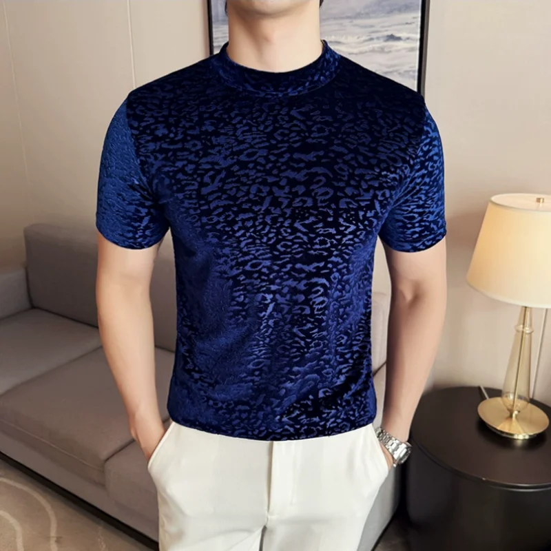 

Золотая бархатная жаккардовая футболка, весна-лето, новая облегающая футболка с высоким воротником, повседневная дышащая футболка с короткими рукавами, мужская одежда