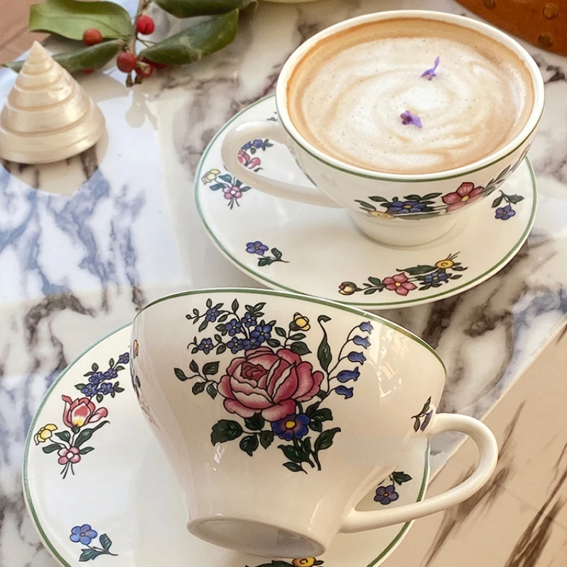 Retro Afternoon Tea Ceramic Coffee Cups and Plates Household European Floral Latte with Ear Hanging Ice American Style