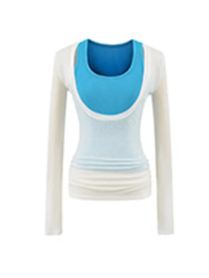 Pure Desire Hot Girl Sexy Stretch Camisole Long Sleeve Thin Slightly Transparent Sunscreen Cover-Up Set Tees T Shirts Top KB8S