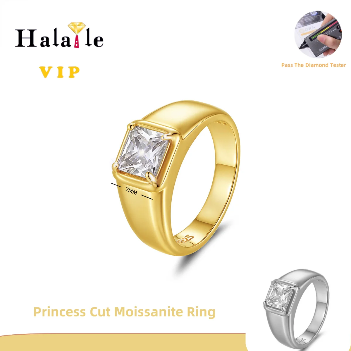 

Halaile 7*7mm 2ct Princess Cut Ring Moissanite For Men Women 925 Silver Fine Classic Hip-Hop Style Jewelry Party Gift