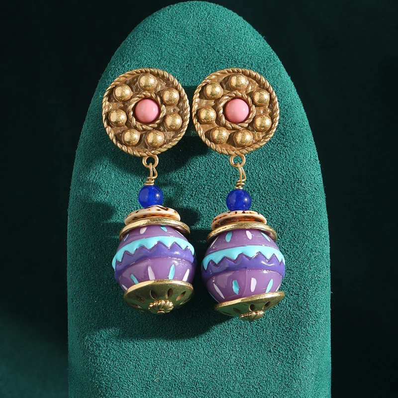 

Vintage Ethnic Bohemia Glass Colored Ice Cream Dangle Earrings Purple Gold Color Stone Beads Handmade Women Girl Antique Jewelry