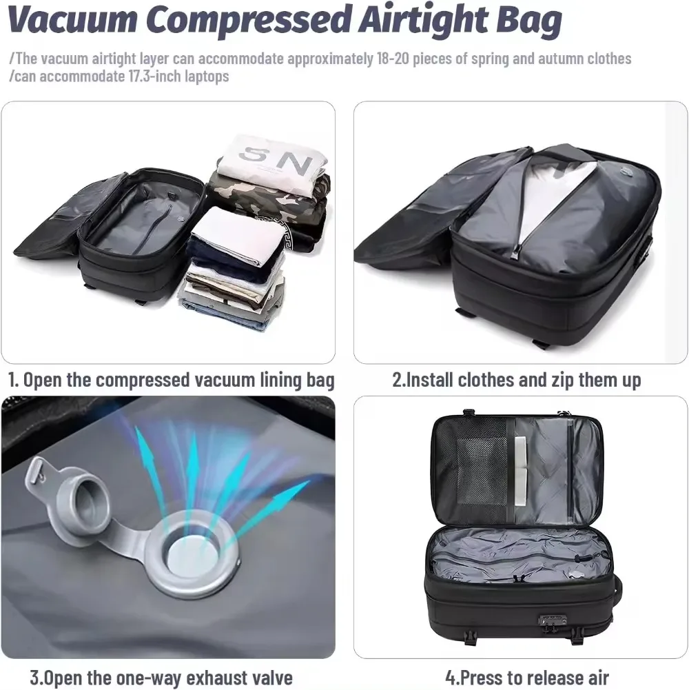 Sac à dos Airback avec pompe à air pour hommes et femmes, sacs à dos de voyage, airbag de compression sous vide extensible, sac à dos d'affaires, 60L