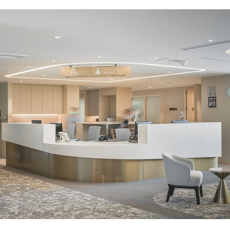 

Corian Marble Stone Reception Desk Golden Stainless Hotel Reception Bench Faux Stone Reception Desk