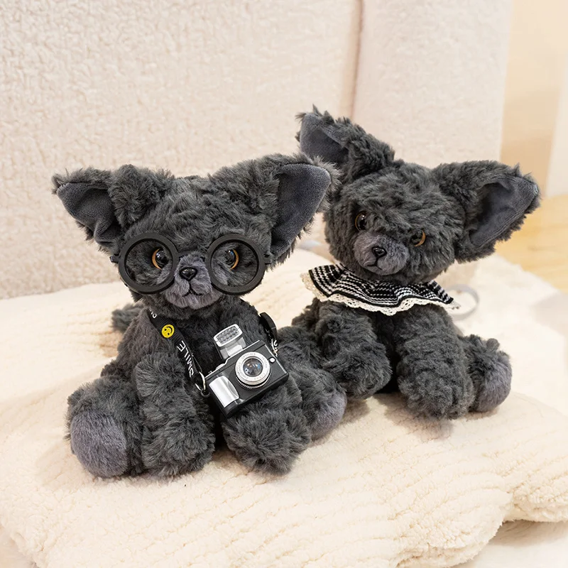 

13cm Small Black Devon Rex Cat Plush Toy Cute Kitten with Camera Scarf Decor Soft Cartoon Cat Stuffed Toy Kawaii Desk Decor