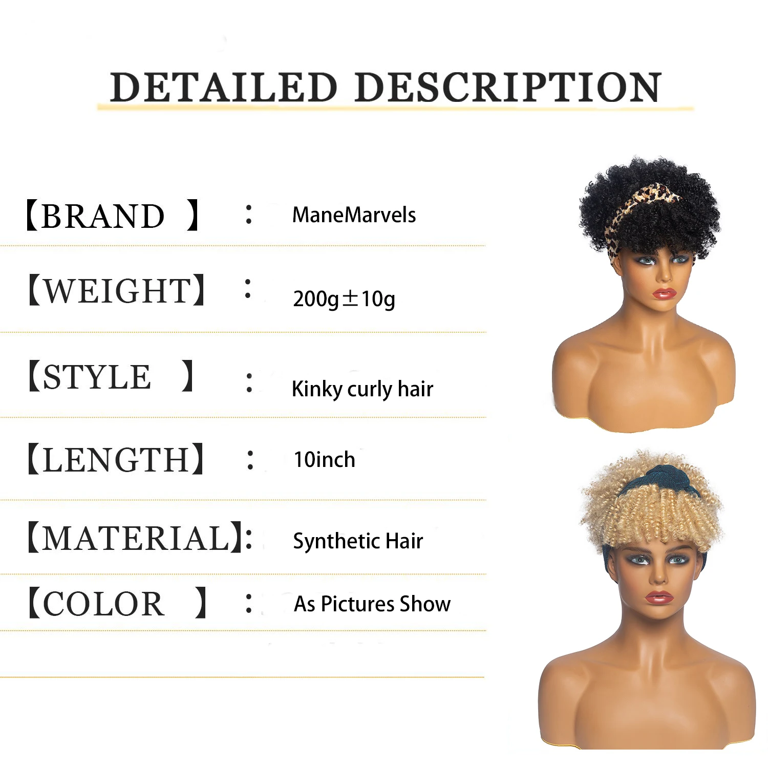 Synthetic Hair Afro Kinky Curly Wig Ombre Color Curly Headband Wig with Bangs Short Fluffy Curls Head Wrap Wigs for Black Women