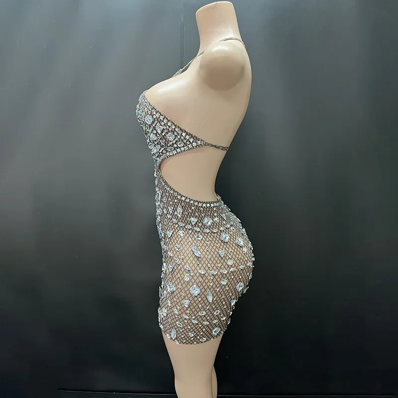 Klaar Jurk Vrouwen Sexy Sensuele Avondjurken Kristal Glitter Een Schouder Backless Elastische Bodycon Mini Mesh Jurk Club