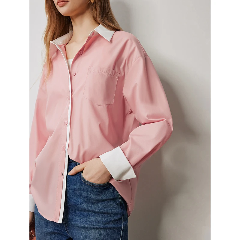 TOYOUTH Women Shirts 2024 Autumn New Long Sleeve Polo Neck Loose Blouse Color Blocking Splicing French Elegant Three Colors Tops