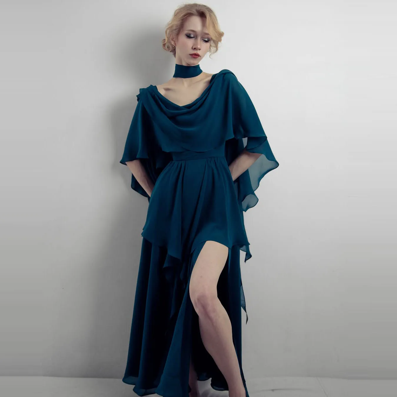 

Chiffon Maxi Dress with Cape Design High Slit Evening Gown Formal Party Wear Blue Satin Fabric Long Dress for Special Occasions