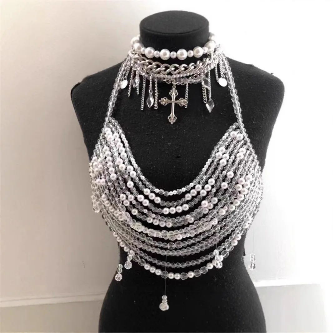 

Transparent Multi-layer Crystal Beaded Halter Tops Camis Bra Chain Night Clubwear Sexy Backless Jewel Beaded Breast Chain Tops