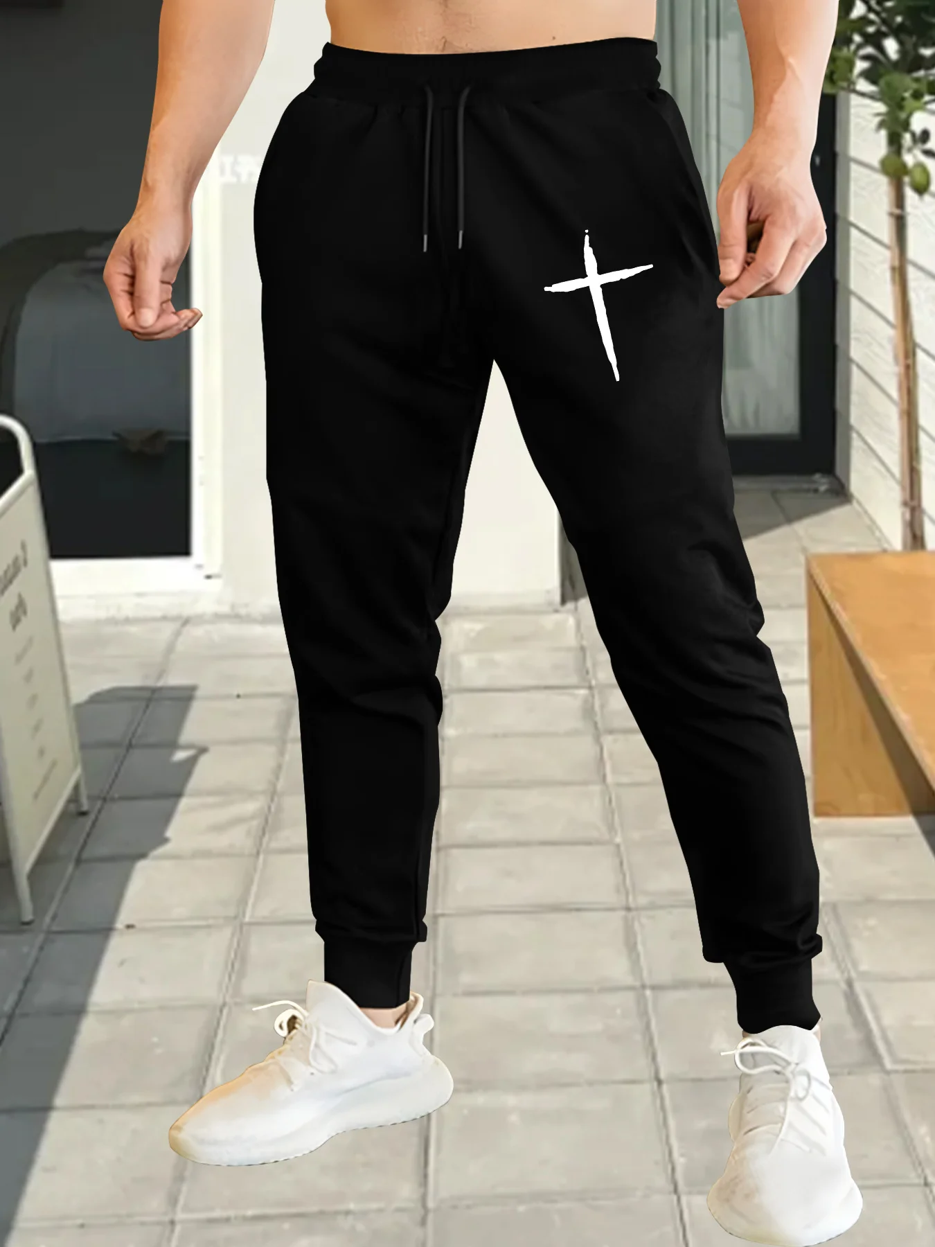 

Men's Casual Sports Pants with Cross Print, Elastic Drawstring Waist, Comfortable & Casual men clothing trousers