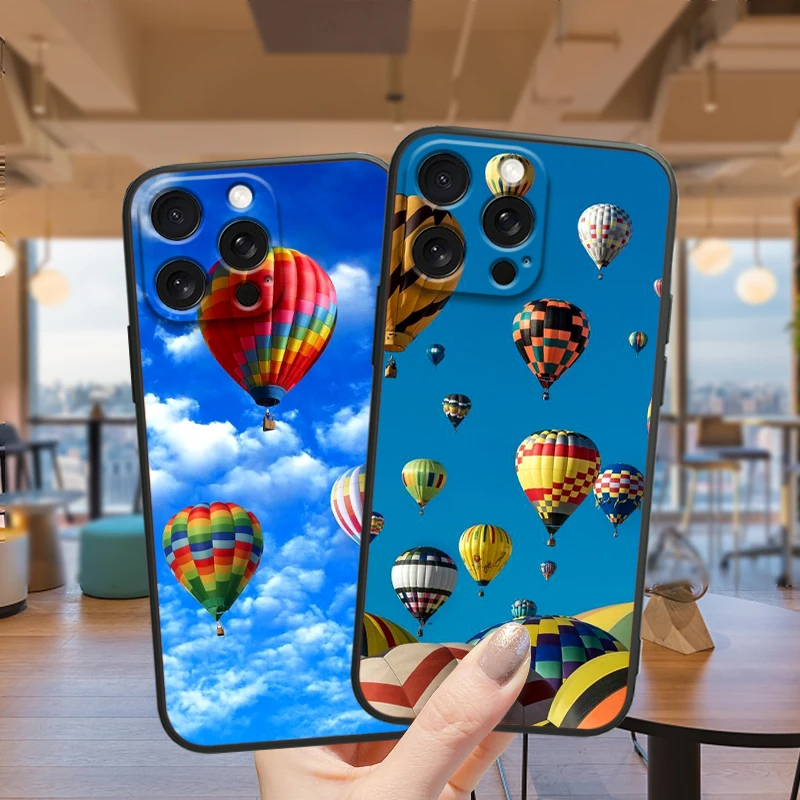 Hot Air Balloon Sky Sunset Art For iPhone 15 14 13 12 11 XS XR X 8 7 SE Pro Max Plus Mini Black Cover Phone Case