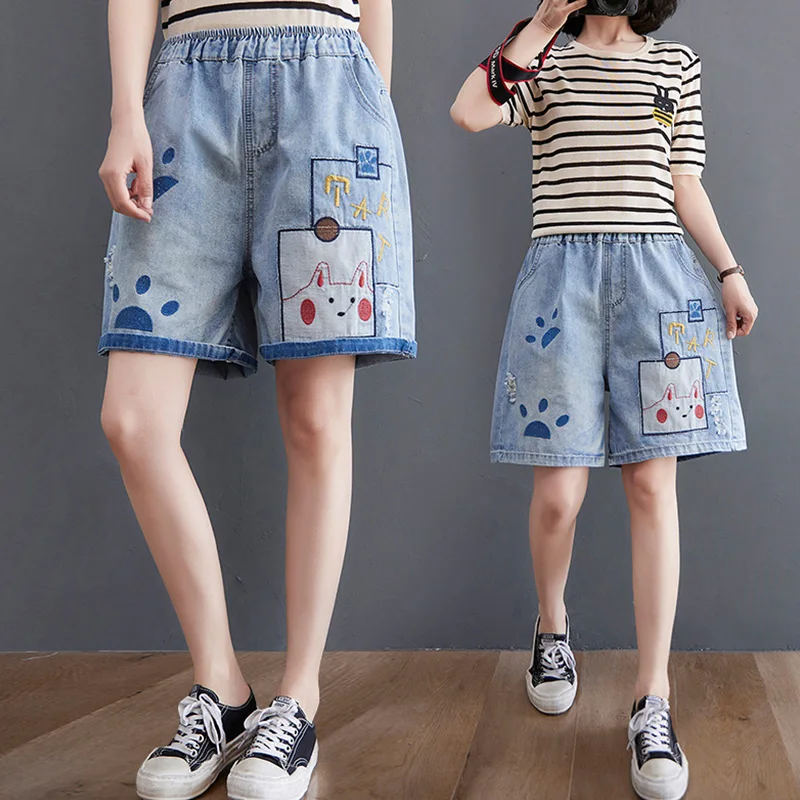 

0506 Women Half Jeans Summer Embroidery Washed Elastic Waist Wide Leg Casual Vintage Versatile Thin Female Denim Short Pants New