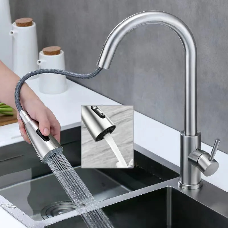 

360° Rotating Pull Down Kitchen Faucet Hot/Cold Stainless Steel Sink Mixer Tap High Pressure Sprayer Retractable Flexible Hose