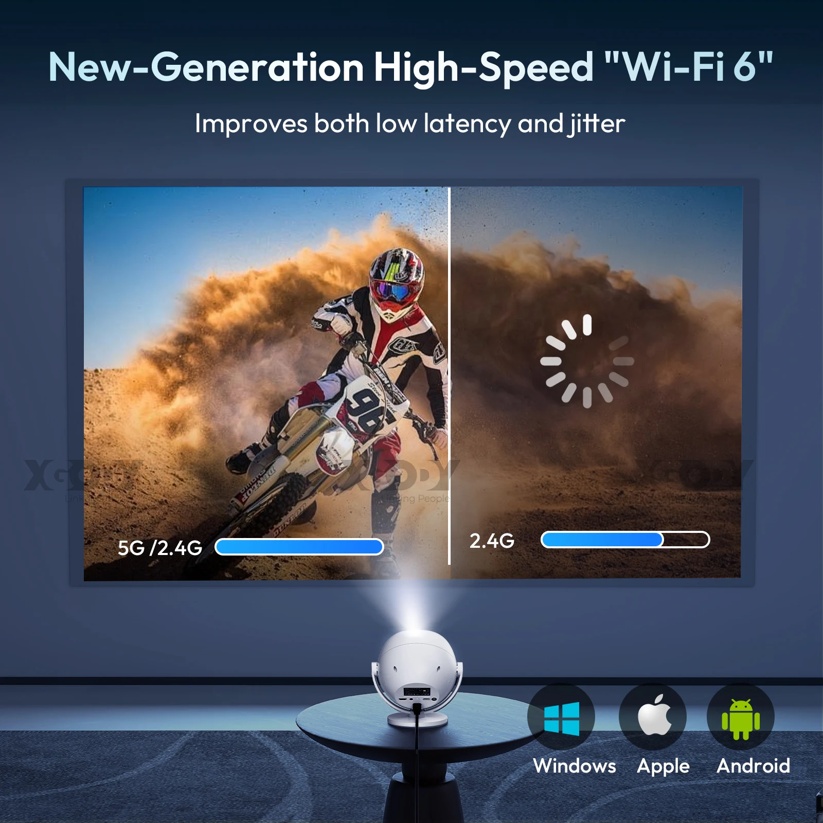 ​ Przenośny projektor Android XGODY 350 ANSI 4K z WiFi6 Bluetooth 50% Zoom Elektryczny fokus do kina domowego