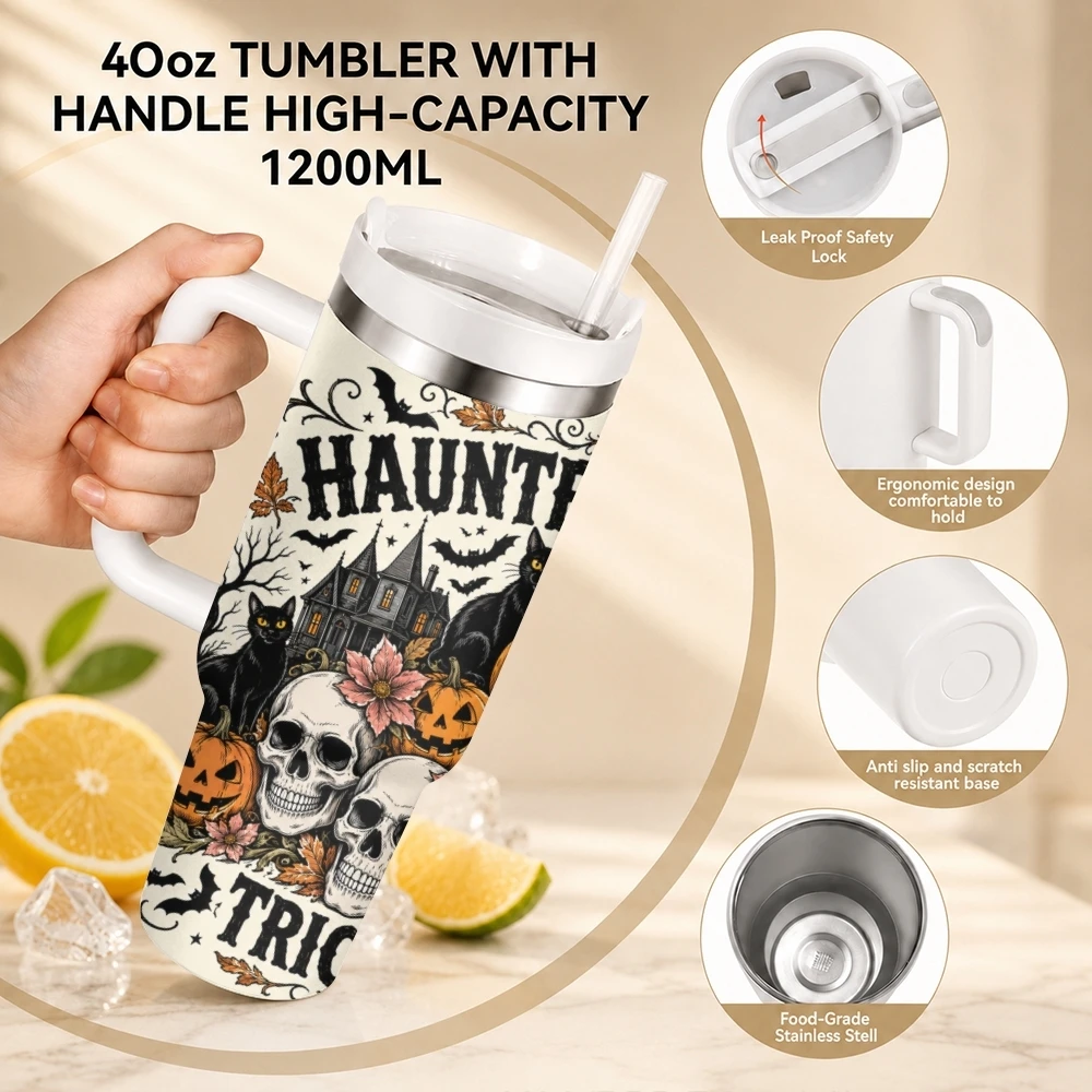 Spooky Halloween Vacuum Flasks 40oz Stainless Steel Travel Tumbler with Handle Straw Lid Double Wall Vacuum Insulated