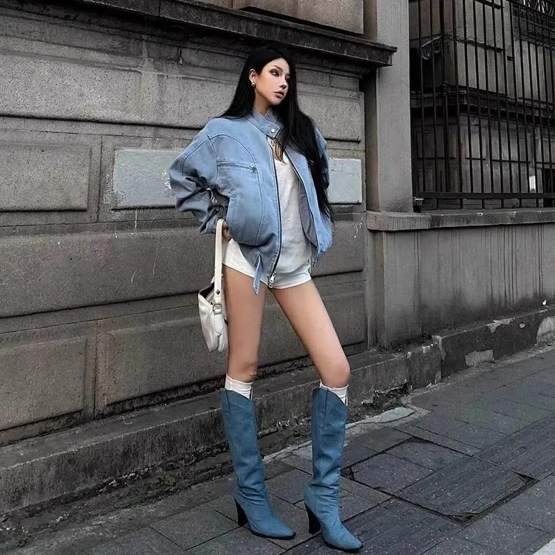 

American retro washed denim glacier blue jacket men's and women's fashion versatile flight jacket baseball jersey short trend